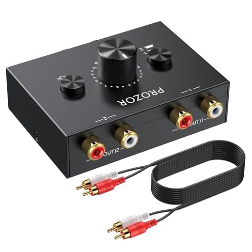PROZOR Stereo Audio Switch R/L 1 in 2 out / 2 in 1 out Switch Audio Stereo Bidirezionale con 1.5m L/R Cavo Stereo RCA Audio Switch con Tasto Muto Commutatore Bidirezionale Audio Stereo L/R