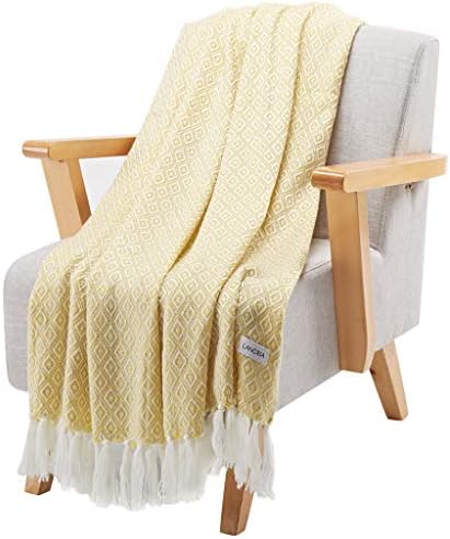 LANGRIA Geometrical Pattern Wearable Throw Blanket with Tassels Knitted Soft Warm Shawl Lightweight Cozy Wrap for Sofa Coach Bed All-Seasons Blanket Easy Care Machine Washable(50"x60", Diamond Yellow)