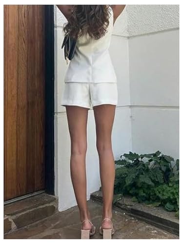 WDIRARA Women's 2 Piece Set Sleeveless Button Down Blazer Vest Shorts Set Business Work Outfits3