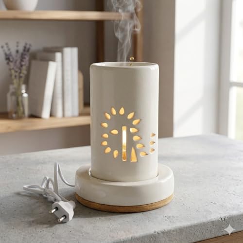 Image of Pure Source India Handcrafted 8.5 inch Ivory White Ceramic Electric Diffuser, Aroma Oil Diffuser, Oil Burner for use in Homes, Offices, Yoga Centre, Spa as Well as Outdoors