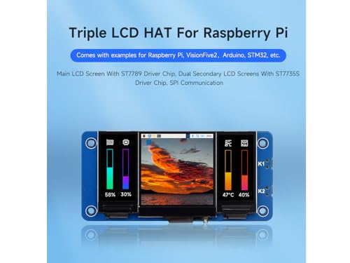 Image of Triple LCD HAT for Raspberry Pi Zero /Zero W /Zero WH /2B /3B /3B+ /4B, Onboard 1.3inch IPS LCD Main Screen, Dual 0.96inch IPS LCD Secondary Screens, 2X User-Defined Keys, SPI Communication
