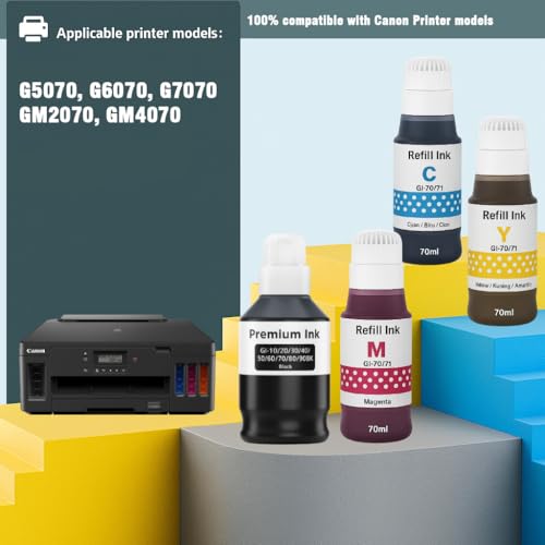 Image of Kosh GI-70 Premimum Ink Bottle Compatible for Canon PIXMA GM2070, GM4070, G5070, G6070, G7070 Printers (Set 1- Black, Magenta,Cyan,Yellow.)