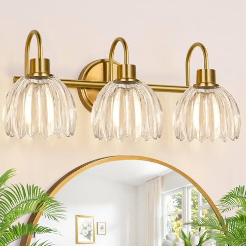 Image of 3-Light Bathroom Light Fixtures, 20 inch Brushed Gold Vanity Lights for Bathroom with Ribbed Clear Tulip Glass Shade, Vintage Wall Vanity Lighting Fixtures Over Mirror for Bathroom Living Room Hallway