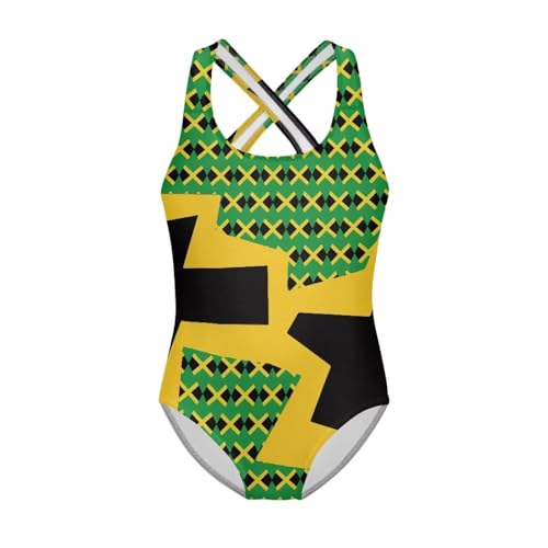 JUDENTIDOS Jamaican Flag Pattern Girls One Piece Swimsuits Quick Dry Beach Bathing Suit Crossback Swimwear 5-14 Years Gymnastics Leotards