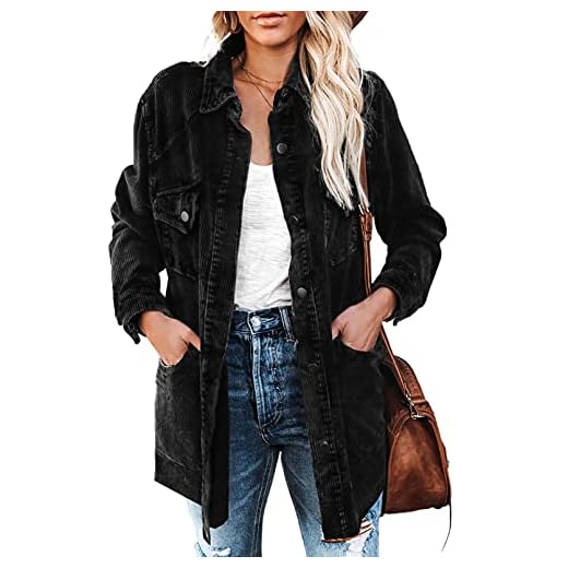 Dokotoo Womens Winter Solid Color Corduroy Jackets for Women Fashion Fall Open Front Button Down Shirts Long Sleeve Shacket Coats Outerwear with Pockets Black Large
