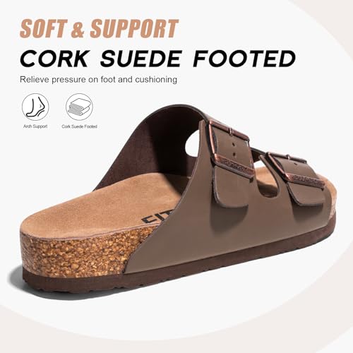 FITORY Mens Leather Sandals with Arch Support, Open Toe Slides Adjustable Buckles for Summer Size 7-133