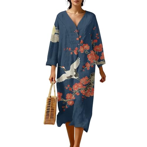 Gdxynsmny Linen Relaxed Style Casual Dress Crane Plum Blossom Summer