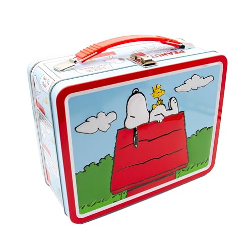Aquarius Peanuts Snoopy Tin Fun Box with Embossed Cover and Handle 8 x 6 Inches - Collectible Retro Container for Kids Toys Cards and Memorabilia