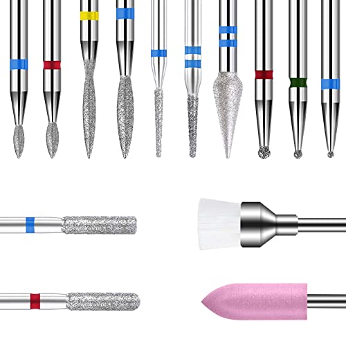 14pcs Nail Drill Bits Set,3/32 Inch Acrylic Nail Drill Bits with Case,Quartz Pointed Nail Bits for Nails,Cuticle Remover Bits, Manicure Tools