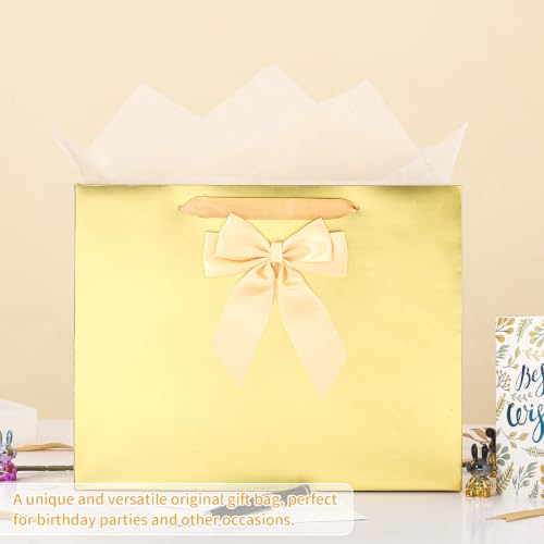 Image of Powbrace 13 inch Gold Bags with Handles, Birthday Gift Bag Set - 1 Gift Bag with Bow, 2 Tissues & Greeting Card for Men Women,Gift Bags Medium size(1 PCS Gold Glossy)