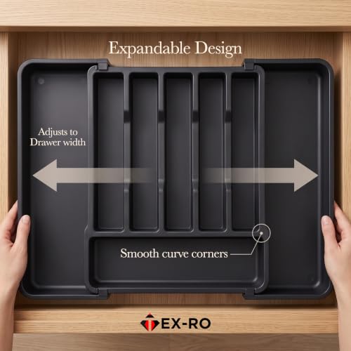 Image of TEX-RO Expandable Cutlery Tray for Kitchen Drawer | Adjustable Utensil Organizer with Multiple Compartments | Plastic Spoon, Fork & Knife Storage for Modular Kitchen