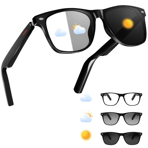 ReyDix Smart Glasses for Men Women, Bluetooth Audio Sunglasses with Color-Change Lenses Automatic Power On Off UV Protection Anti-blue Lens Speakers Touch Control for Indoor Outdoor Walking Working