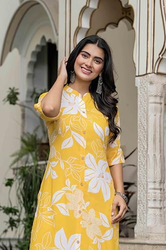 Image of Women's Floral Print Rayon Kurta Palazzo, Round Neck Half Sleeve, Regular Fit, Ethnic Casual Wear
