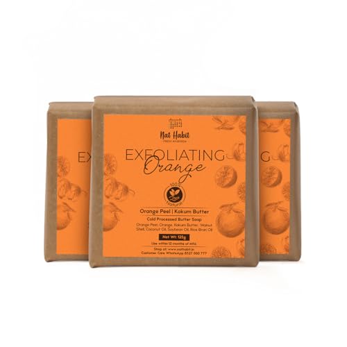 Image of Nat Habit Orange Kokum Butter Bath Soap for Women & Men | Cold Processed With Vit C for Body Acne, Pimple & Oil Control | Improve Skin Tone & Boost Collagen Production| Gentle Exfoliation| Pack of 3 X 125g