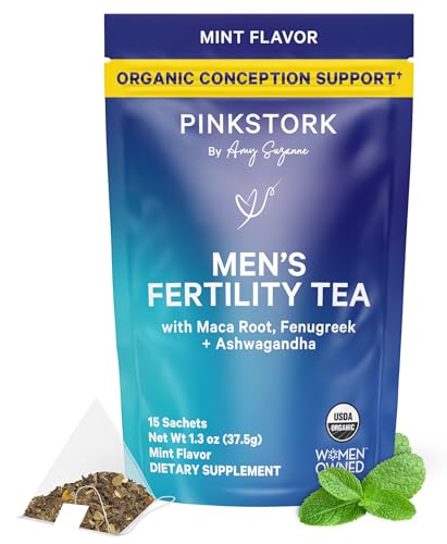 BlueStork Men's Fertility Tea: Organic Fertility Supplements for Men, Green Tea, Maca Root, and Ginkgo Biloba for Male Reproductive Health, Mint, 15 Sachets