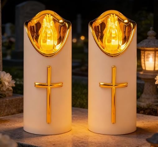 LED Grablichter für Draußen, 2er LED Grabkerze Trauerlicht, Batteriebetriebene Grablicht, Wiederverwendbar Friedhofskerze Gedenkkerze, Grabkerzen mit Flackereffekt wie bei Einer Echten Kerze -Weiß