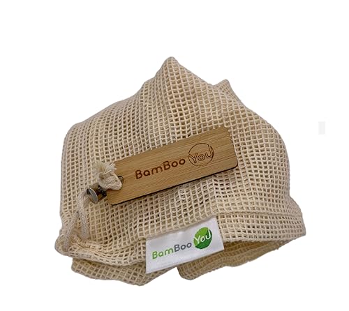 BamBoo-You Pack of 3 Reusable Cotton Muslin Bags with drawstring to keep your belongings safe an easy to use and wash mesh bags with bamboo tag (34cm x 31cm)