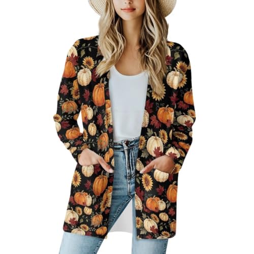 Image of Fall Maple Leaf Cardigan Sweaters for Women Long Sleeve Cardigan Soft Drape Open Front Dusters V-Neck Jackets Dressy