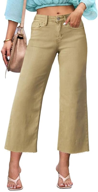 Allimy Women's High Waisted Straight Ankle Wide Leg Ripped Jeans Frayed Hem Stretchy Capri Denim Pants - Image 2