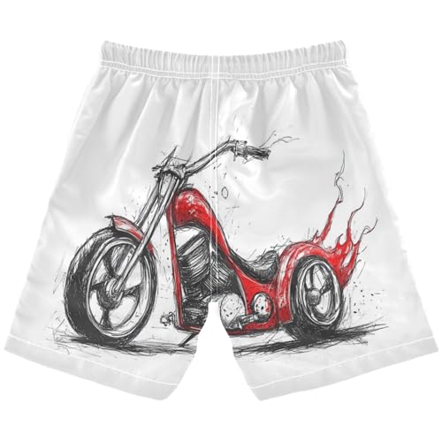 Boys Beach Board Shorts Fire Motorcycle White Swim Trunk Teen Swimwear 8-16Y2