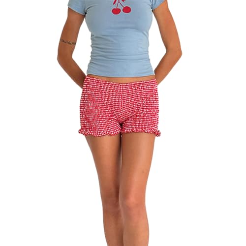 Image of NUFIWI Women's Y2k Ruched Mini Shorts Low Waist Ruffle Frill Bloomers Lounge Pajamas Smocked Micro Shorts Sleepwear