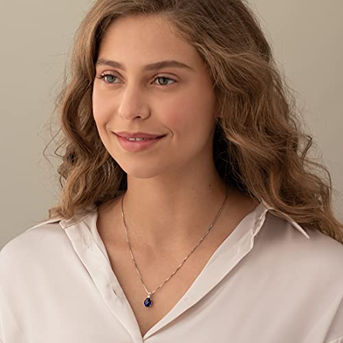 Peora Created Blue Sapphire With Genuine Diamond Pendant For Women 14K White Gold, Elegant Solitaire, 3.65 Carats Oval Shape 10X8Mm #TOP1