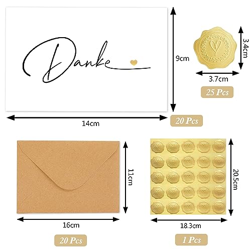20 Stück Danke Karte mit 20 Kraftpapier Briefumschläge und 25 Gold Siegel Aufkleber, Dankeskarte für Kollege, Lehrerin, Familie, Freund(9cm x 14cm)