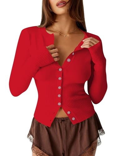 Image of Womens Open Front Button Up Cropped Cardigan Ribbed Knit Long Sleeve Shirt Casual Solid Crop Top Cardigan Sweater