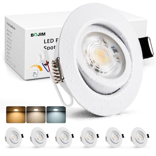 BOJIM LED Einbaustrahler 230V Dimmbar Weiß, Spots 68mm - 80mm Lochmaß, Einbauleuchten Flach 7W, IP44 Wasserdicht, Warmweiß Kaltweiß Neutralweiß, Deckenspots für Bad Küche Wohnzimmer, 6er Set