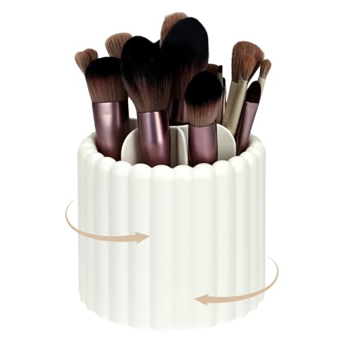 Mounting UP 360 Rotating Makeup Brush Holder Office Supplies Holder 7 Slots Make Up Brush Organizer Removable Spinning Cosmetic Brushes Storage Pen Holder for Vanity White Dresser Desk BT-W-UK