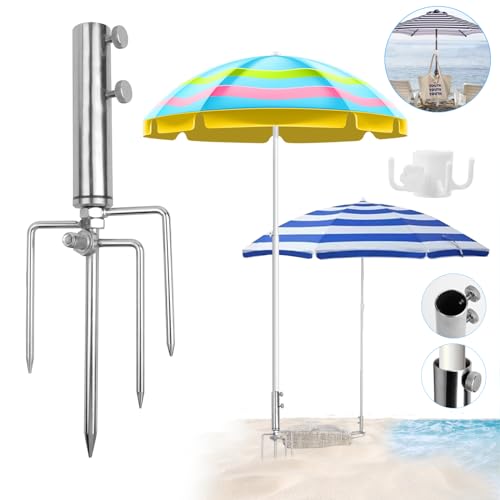 HEDMON Suporte para guarda-sol em aço inoxidável, suporte para guarda-sol ajustável para praia com quatro ganchos nos cantos, estaca de relva para guarda-sol para pesca, jardim