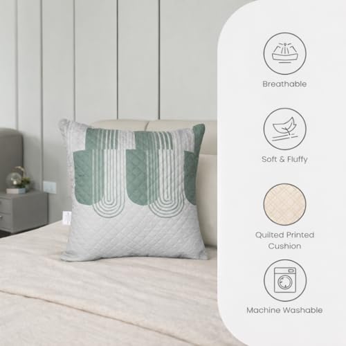 Image of STITCHNEST 'QuadraNest' Series Printed Quilted Velvet Cushion Cover 16x16 Inch Set of 5 | Premium Soft Fabric, Washable & Fade Resistant | Decorative Living Room Cushion Covers | Green & White Wave