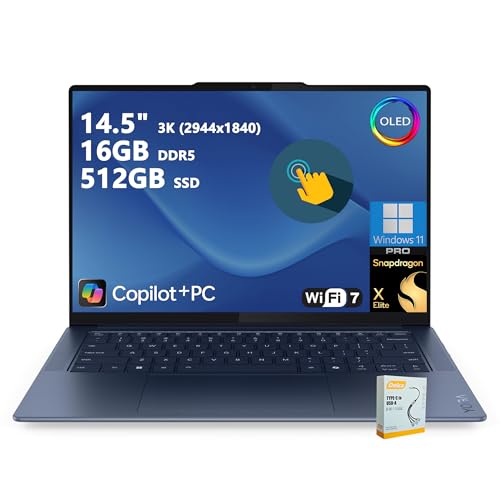 Lenovo Yoga Slim 7X Copilot+ AI PC Laptop | 14.5 pulgadas 3K 90Hz OLED Touch | Snapdragon X Elite (hasta 45 tapas NPU) | 16GB DDR5 512GB SSD | para trabajo profesional retroiluminado Wi-Fi 7 Win11 Pro