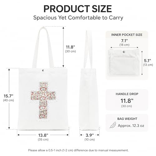 Image of Christian Tote Bag Gift for Women, Canvas Bible Bag Handmade Floral Cross | Christian faith-inspired gift, handcrafted cross with lace, inner pocket, snap closure, bottom gusset, church Bible study use