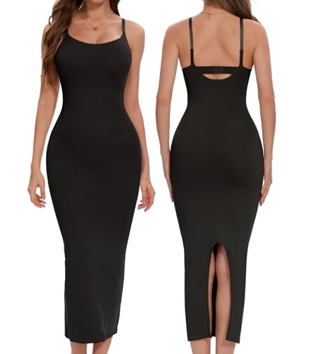 Image of Shapewear Slip Dress for Women Tummy Control Full Slip for Under Dresses Black Slip Dress Back Slit Long Dress