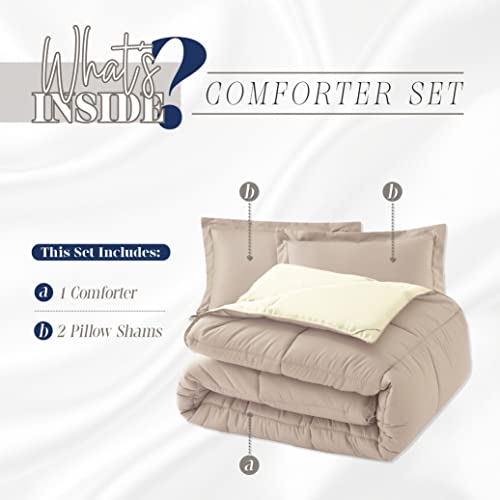 Image of Elegant Comfort 3-Piece Reversible Comforter Set, All Season Cozy, Soft Down Alternative, Quilted - Box Stitched - Duvet Insert with 4 Corner Tabs, Comforter with Shams, King, Linen /Ivory