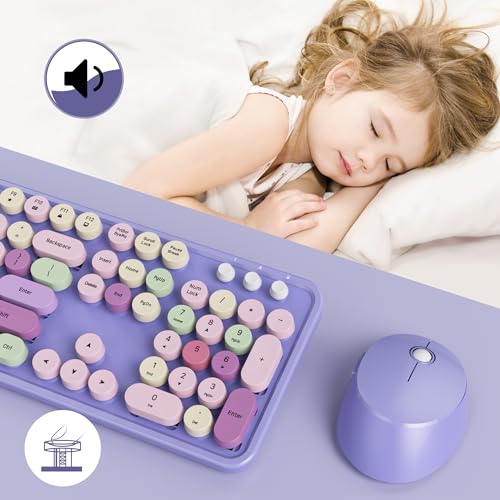 Image of GTSP Typewriter Colorful Purple Keyboard and Mouse Wireless, 2.4GHz Full-Size Retro Cute Office Computer Keyboard with Round Keycaps for Desktop Laptop and PC (Colorful Purple)