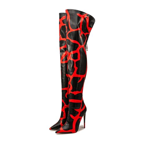 Image of Thigh high boots for women striped Back zipper Burgundy Zebra Print Over the knee Sexy gold white pointed toe Cow Print leopard Magenta stiletto heel