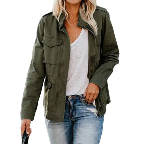Women's Fall Stand Collar Zip Up Military Anorak Jackets Buttons Parka Safari Coats Outwear Pocket Cotton Jacket