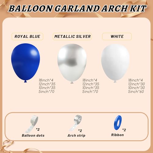 Image of 412Pcs Blue White Silver Balloon Arch Kit,18 12 10 5 Inch Different Size Royal Blue and White Balloons for Graduation Birthday Wedding Party Decorations