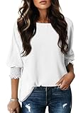 Dokotoo Boho Tops for Women Blouses Dressy Casual Boat Neck 3/4 Length Sleeve Womns Tops Loose Fit Spring Summer Babydoll Plus Size Batwing Top Beach Vacation Clothes White L