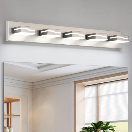 Image of LED Modern Bathroom Vanity Light Fixtures 5-Light, 32 inch Dimmable Nickel Vanity Lights for Bathroom Lighting Fixtures Over Mirror, with 350Rotatable Acrylic Heads(White Light 5500K)
