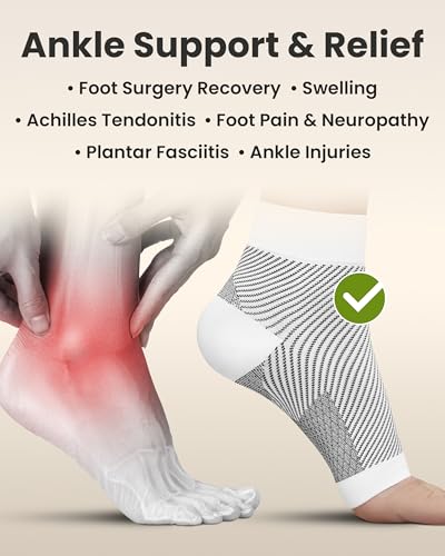 Image of KEMFORD Ankle Compression Sleeve - 1-Pair, Plantar Fasciitis Braces - Open Toe Compression Socks for Swelling, Sprain, Neuropathy, Foot Arch Support for Men and Women - 20-30mmhg, M, White and Black