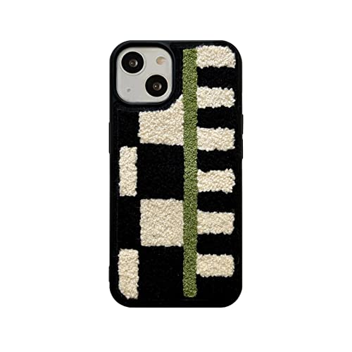Coque fourrure iPhone 14 moelleuse et douce motif damier chic