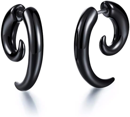 Punk Style Black Stainless Steel Spiral Hoop Earrings, Lightweight Fake Gauge Design, Fashion Jewelry for Men and Women