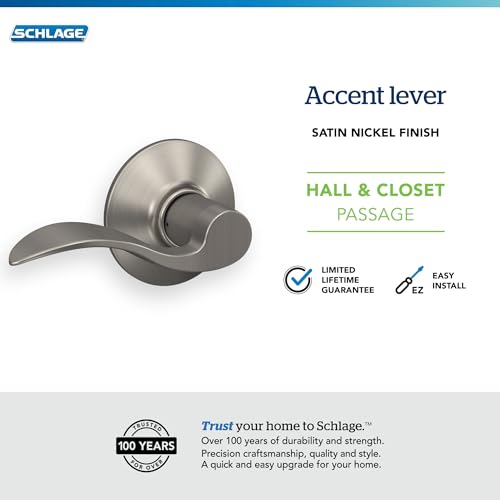 Image of Schlage F10 ACC 619 Accent Door Lever, Hall & Closet Passage Lock, Satin Nickel