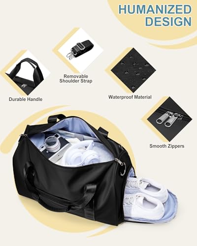 Image of Travel Duffel Bags for Women & Men - Weekender with Shoe & Laptop Compartments - Carry On, Overnight, Gym & Hospital Bag - Black
