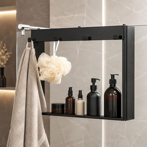 ELMOWO   Estantería de ducha de acero inoxidable para colgar sin taladrar para puerta/pared de vidrio   Estantería de ducha para colgar con 4 ganchos   Estante para mampara de ducha de vidrio como