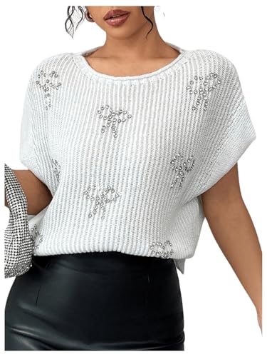 MakeMeChic Women's Bow Rhinestone Crew Neck Sweater Vest Cap Sleeve Knit Sweaters3
