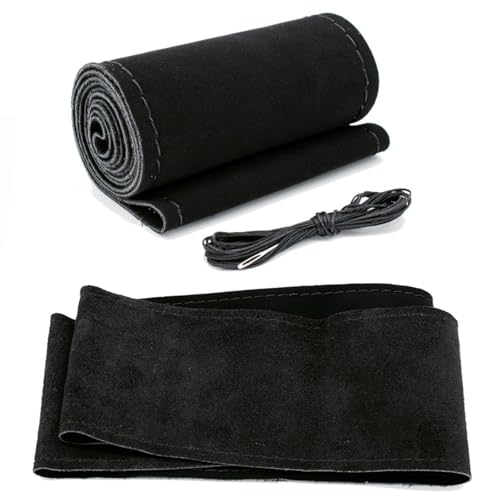 AUTOXBERT 38cm/15 Inch Suede Leather Non-Slip Steering Wheel Cover DIY Hand Sewing Cowhide Leather Skidproof Car Protector with Needle Thread
